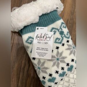Rooted Soul Teal and White Snowflake Slipper Socks